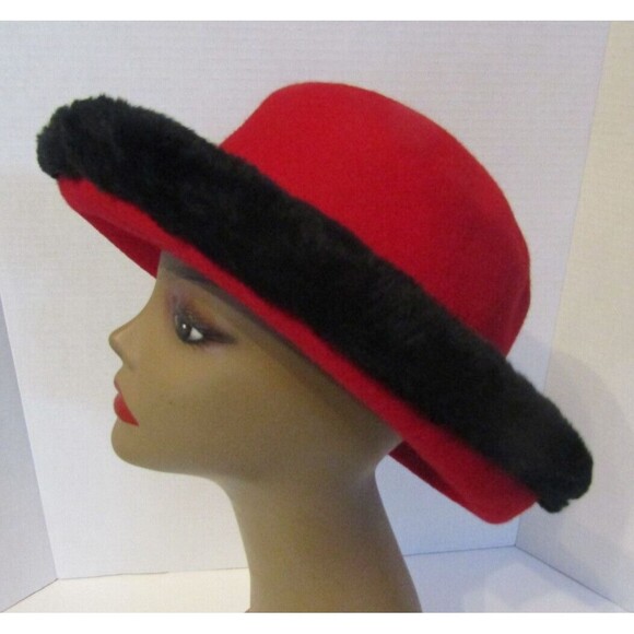 Kathy Jeanne Vintage Hat Brown 100% Wool Red Black Fur Trim Womens Made In USA - Picture 5 of 6